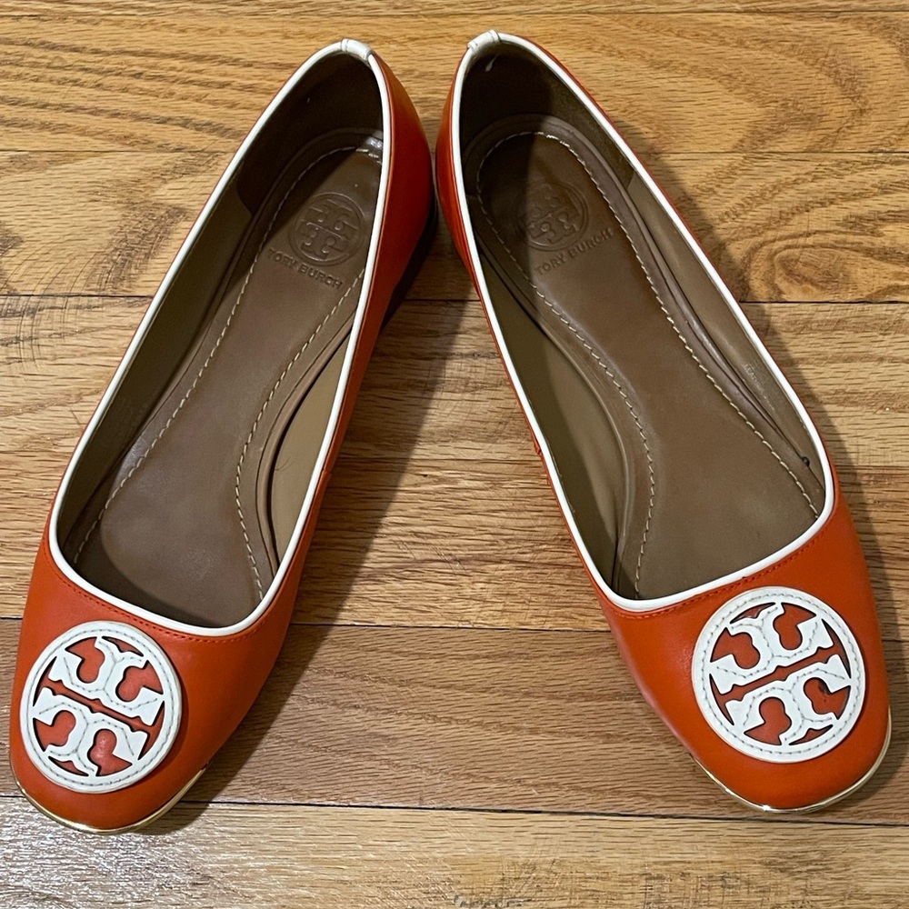Tory Burch Orange Flats with White Detailing